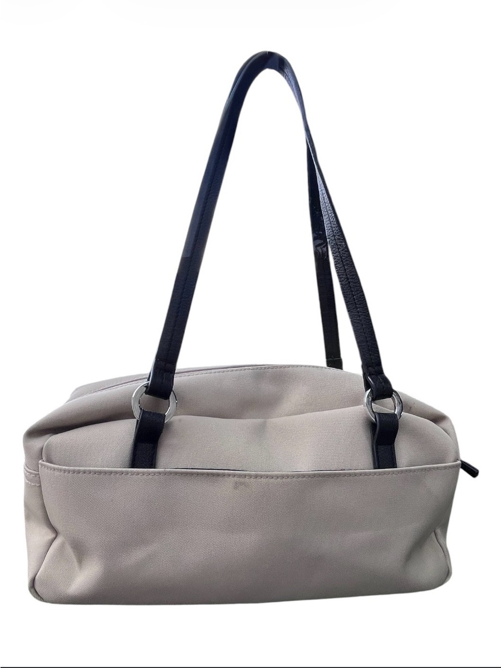 Miztique Beige Nylon Shoulder Bag Black Trim Double Handle Tote - Picture 5 of 9